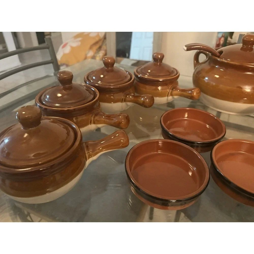 VTG Brown Drip Glaze Ceramic Soup Tureen Ladle Lid Bowls Ramekins Set Made China